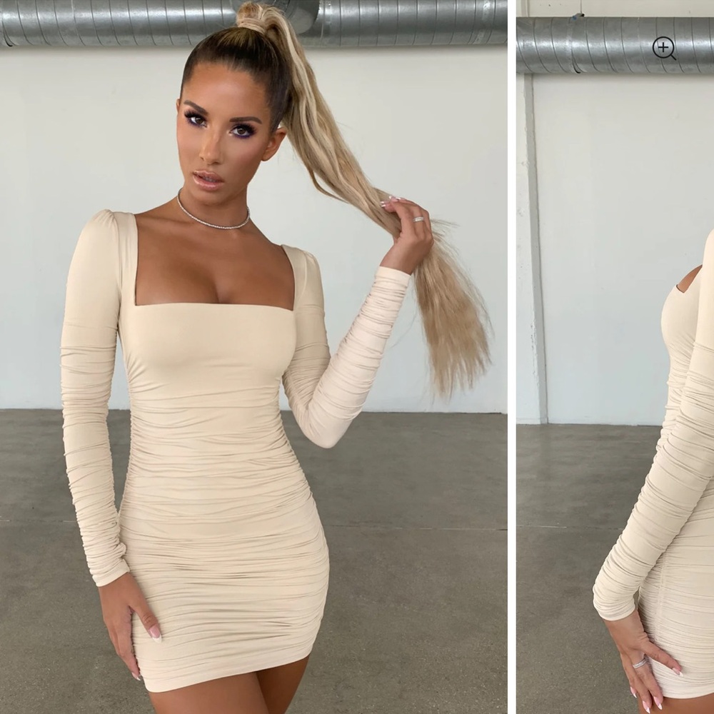 Oh Polly FLATTER ME Long Sleeve Ruched Mini Dress in Oyster White